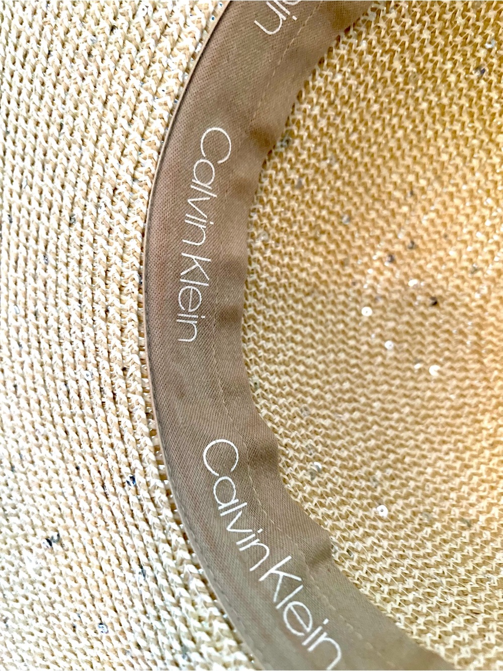 Calvin Klein Wide-Brim Woven Straw Beach Sun Hat Beige Cream Tan Light Sparkles - Picture 4 of 10